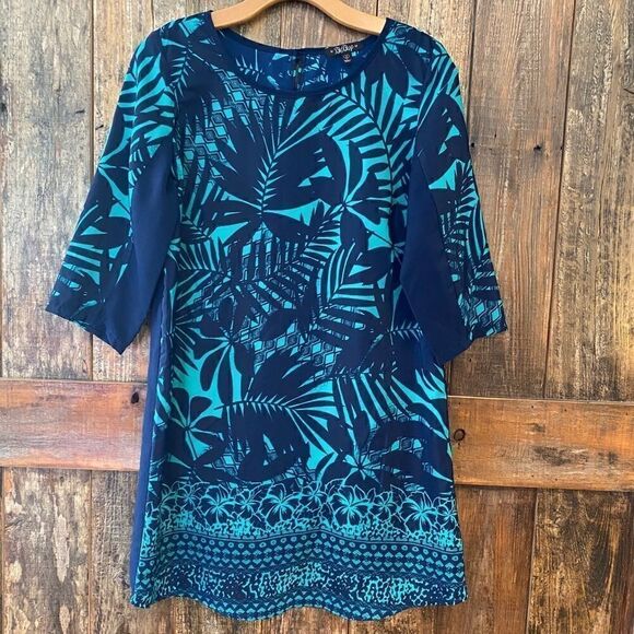 BeBop S Blue Turquoise Tropical Tahitian Palm Leaves Summer Shift Dress - Picture 2 of 11